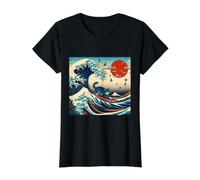 Surfing Cat Hokusai Great Wave Off Kanagawa Japanese Art Value Graphic T-Shirt, Women, Black, M