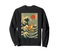 Surfing Cat Japanese Wave Design Retro Kitty Ukiyo-e Artwork Sweatshirt