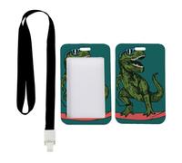 Surfing Dinosaur Green Badge Holder with Black Lanyard, Plastic Card Holder, Vertical ID Cards Protector for Office, Vertical Cards Protector for Work, Nurse Accessories Nurse Essentials