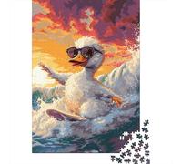 Surfing Duck 1000 Pieces Sustainable Board Vibrant Cartoon Style Mindfulness Puzzle for Adults Lettered Back Pieces Relaxation Activity Museum-quality Print 52x38cm/1000pcs