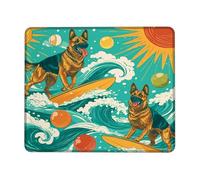 Surfing German Shepherd Mouse Pad, Vibrant Turquoise Summer Dogs Design, Stitched Edge Non-Slip Mousepad for Home and Office Desk, Fun Gaming Accessory Square 8x10 Inch