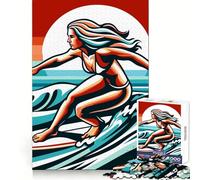 Surfing Girl Wpap Pop Art Jigsaw Puzzles for Adults 1000 Pieces Brain Challenge Toy Quiet Fun Precise Cut Wall Art Decor (38x52cm)
