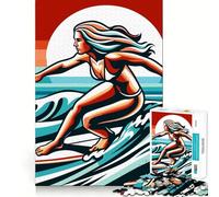 Surfing Girl Wpap Pop Art Jigsaw Puzzles for Adults 1000 Pieces Brain Challenge Toy Quiet Fun Precise Cut Wall Art Decor (38x52cm)