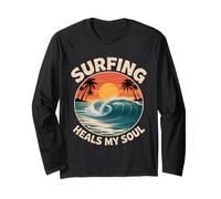 Surfing Heals My Soul Ocean Sea Waves Retro Sunset Design Long Sleeve T-Shirt