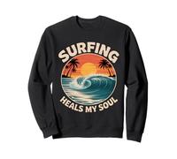 Surfing Heals My Soul Ocean Sea Waves Retro Sunset Design Sweatshirt