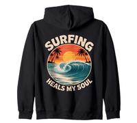 Surfing Heals My Soul Ocean Sea Waves Retro Sunset Design Zip Hoodie