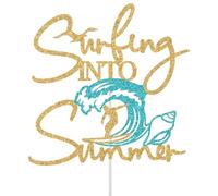 Surfing Into Summer Cake Topper, Beach Surfing Party Decoration Supplies, Beach Hawaii Party Cake Decoration, Hello Summer Surfboard Theme Decor Orange & Blue Glitter