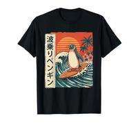 Surfing Penguin Japanese Aesthetic Retro Sunset Kanji T-Shirt