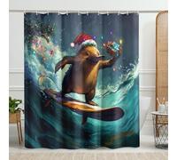 Surfing Platypus Shower Curtain, Colorful Holiday Decor for Bathroom, Festive Winter Wildlife Style, Cute for Christmas, Waterproof Fabric Curtain Set with Hooks 72x78 Inch