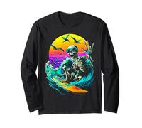 Surfing Skeleton Surfer with Seagulls Sunset Summerween Long Sleeve T-Shirt