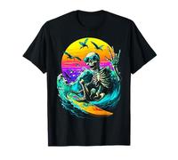 Surfing Skeleton Surfer with Seagulls Sunset Summerween T-Shirt