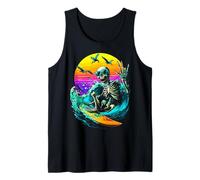 Surfing Skeleton Surfer with Seagulls Sunset Summerween Tank Top