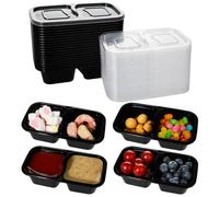Surflyee 20PCS Double Compartment Condiment Containers, Reusable Snack Pack Containers, Snacks Pot with Lids 2 Compartments, Small Plastic Pots for Sauce Snacks, Microwave and Fridge Safe (Black)