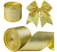 Surflyee Gold Christmas Ribbon Wired, 6CM×10M Gold Wired Ribbon for Christmas Tree, Glitter Ribbons for Gift Wrappings, Wreaths, Crafts