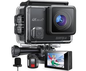 Surfola 4K 30fps Action Camera SF230, 131ft Waterproof Underwater Camera for Snorkeling, 20MP WiFi EIS Camera for Vlogging, External Mic, 2 Rechargeable Batteries, Remote Control, Accessories Kit