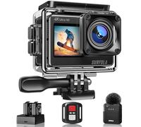 Surfola Action Camera SF530 4K 60fps, WIFI 24MP 131ft Waterproof, Underwater for Snorkeling, Dual Screen Vlogging with EIS, Wireless Mic, Remote Control, 2 Chargeable Batteries