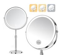 SURFOU 8-Inch Rechargeable Makeup Mirror with Lights - 10X/1X Magnifying Vanity Mirror with 3 Color Stepless Dimming, 360° Rotation, Height Adjustable & Detachable Base