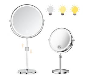 SURFOU 8-Inch Rechargeable Makeup Mirror with Lights - 10X/1X Magnifying Vanity Mirror with 3 Color Stepless Dimming, 360° Rotation, Height Adjustable & Detachable Base