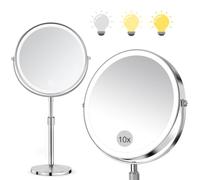 SURFOU 8" Makeup Mirror with Lights on Stand, 10X Lighted Magnifying Mirror with Height Adjustable Brightness & 3 Color Dimmable Lights, 2-Sided Height Adjustable Vanity Mirror - silver