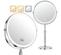 SURFOU 8" Makeup Mirror with Lights on Stand, 10X Lighted Magnifying Mirror with Height Adjustable Brightness & 3 Color Dimmable Lights, 2-Sided Height Adjustable Vanity Mirror - silver