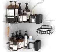 SURFOU Corner Shower Caddy 3-Pack, Rustproof Adhesive Shelves No Drilling - Large Capacity Bathroom Organizer with Soap Holder & 8 Movable Hooks, Stainless Steel Wall Mounted