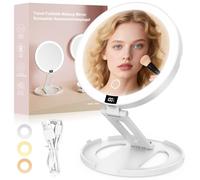 SURFOU Cosmetic Mirror with Lighting, Rechargeable & Foldable, 3 Colours, Dimmable, Double-Sided, 1X/10X Magnification, 360° Rotation, for Home, Bathroom & Travel (White)