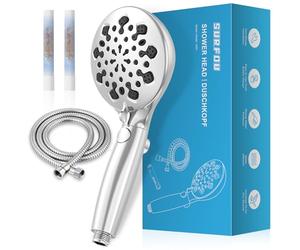 SURFOU Filtered Shower Head and Hose 1.5m, 10 Spray Modes High Pressure Handheld Showerhead with 2 Replaceable Filters, Pause Switch, Massage, and Water Saving for Bathroom