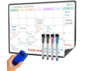SURFOU Magnetic Whiteboard for Fridge Calendar, A3 Monthly Planner Dry Wipe Board for Tasks, to-Do Lists, Shopping, Meal Planning for Home and Office, with 4 Dry Erase Pens and Eraser
