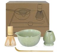SURFOU Matcha Set 4 Pcs, Bamboo Whisk, Scoop, Ceramic Bowl & Holder, Handmade Japanese Kit for Usucha, Koicha, and Latte, Ideal for Beginners & Tea Lovers