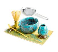 SURFOU Matcha Set 7 Pcs, Bamboo Whisk, Scoop, Ceramic Bowl & Holder, Strainer, Tea Towel, Handmade Japanese Kit for Usucha, Koicha, and Latte, Ideal for Beginners & Tea Lovers