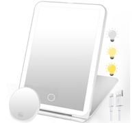 SURFOU Rechargeable Travel Makeup Mirror with Lights, with 10X Mini Magnification & 3 Color LED Lighting, Dimmable Touch Screen, Portable Folding Tabletop Cosmetic Mirror for Home and Travel