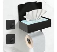 SURFOU Toilet Roll Holder No Drilling with Wet Wipes Box Self-Adhesive Toilet Roll Holder Black 3-in-1 Multifunctional Toilet Paper Holder Suitable for Toilet/Bathroom