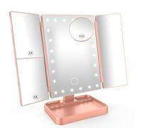 SURFOU Tri-fold Vanity Mirror, Travel Lighted Makeup Mirror with 24 LEDs, 1X/2X/3X/10X Magnification, Stepless Dimming, Portable USB Rechargeable Cosmetic Mirror