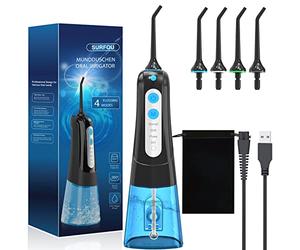 SURFOU Water Flosser for Teeth Cordless, 300ML Portable Oral Irrigator with 4 Modes & 5 Jet Tips for Sensitive Gums and Braces Care, IPX7 Waterproof Rechargeable Dental Flosser