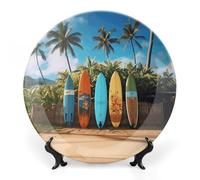 Surf's Up Surfboard Ceramic Decorative Plate 10inch Bone China Wall Hanging Ornament Plates Bohemian Style Dinner Plate with Stand Cabinet Display Plates for Home Art Decor