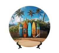 Surf'S Up Surfboard Ceramic Decorative Plates Bone China Decorative Plate With Display Stand Handmade Ceramic Ornament Personality Porcelain Dinner Plate Crafts For Home Office Wall Decoration 25cm