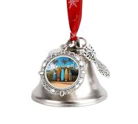 Surf's Up Surfboard Christmas Bell Silver Ornament with Round Charms Metal Jingling Bell Hanging Ornament Elegant Holiday Keepsake Its A Wonderful Life Bells for Xms Tree