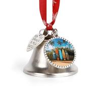 Surf's Up Surfboard Christmas Bell Silver Ornament with Round Charms Metal Jingling Bell Hanging Ornament Elegant Holiday Keepsake Its A Wonderful Life Bells for Xms Tree