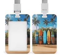 Surf's Up Surfboard ID Badge Holder with Lanyard Vertical Badge Reel Clip Durable Clear Window Name Tag ABS Plastic Push-Pull Design ID Card Holder for Office, Nurses, Employees
