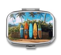 Surf's Up Surfboard Pill Box - 2 Compartment Travel Pill Organizer with Small Mirror, Portable Pillcase for Pocket & Purse, Cute Square Medicine Case, Weekly Medicine Container