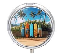 Surf's Up Surfboard Pill Box Travel Pill Organizer 3-Compartment with Mirror Design Portable Round Medicine Case for Vitamins, Jewelry & Essentials Durable Pocket Pillcase for Purse, Camping