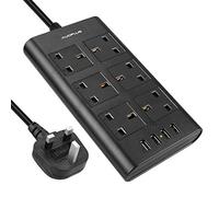Surge Protected Extension Lead, AUOPLUS 6 Gang Power Strip with 4 USB Port, Multi Plug Charging Station for Phone/Tablet/Laptops, Power Extension for Home & Office - 2 Meter Cord - Black