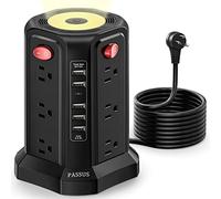 Surge Protector Power Strip Tower with 5 USB Ports and Night Light, 10FT Extension Cord with 12 AC Multiple Outlets, PASSUS Power Tower, Overload Protection for Home Office Dorm Room (Black)