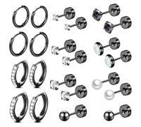 Surgical Steel Flat Back Earrings Set for Multiple Piercing Sensitive Ears,Sterling Silver Hypoallergenic Small Cartilage Huggie Hoop Earrings Titanium Tiny CZ Pearl Opal Stud Earrings for Women,