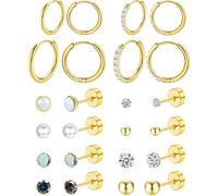 Surgical Steel Flat Back Earrings Set of 12, Hypoallergenic Earrings for Multiple Piercing Sensitive Ears, Small Cartilage Huggie Hoop Earrings Ball CZ Opal Screw Back Stud Earrings for Women Men