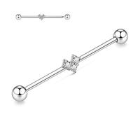 Surgical Steel Industrial Barbell 14G Silver Piercing Jewellery 38mm Long Scaffold Bar Externally Threaded Triple Square CZ Cartilage Earring Helix Earrings