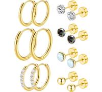 Surgical Steel Stud Earrings for Women, Hypoallergenic Flat Back Earrings for Sensitive Ears, Small Cartilage Huggie Hoop Earrings Ball CZ Opal Screw Back Stud Earrings for Women Men, S