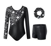 Surgoal Gymnastics Leotards for Girls with Short Long Sleeve Sparkle Ballet Dance Unitard Gymnastics Athletic Outfit 3Pcs for Kids 6-7 Years