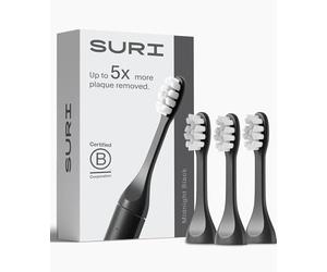 SURI Recyclable Plant-Based, Electric Toothbrush Heads - Built-in Tongue Scraper, Long Lasting Replacement Heads | Compatible Only with SURI Sonic Electric Toothbrush - Midnight Black, Pack of 3