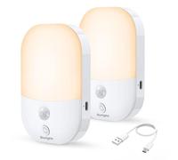 Suright LED Night Light, 2 Pack Type-C Rechargeable Motion Sensor Light, 3 Modes (AUTO/Off/ON) and 5 Levels Dimmable Brightness, 2800K Warm White Cupboard Lights for Wardrobe, Stair, Hallway, Bedroom